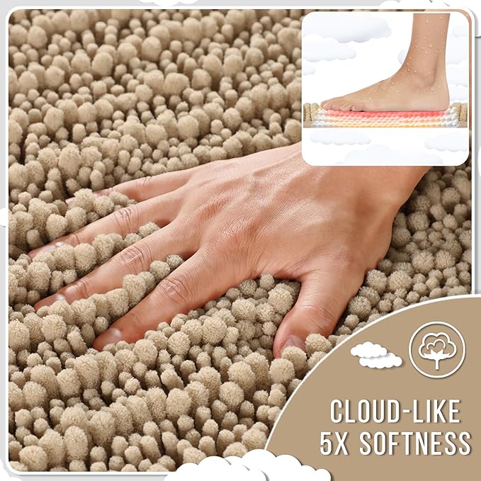 Yimobra Bathroom Rugs Non Slip Washable 32x20 Inch - Ultra Soft Absorbent Chenille Bath Mat, Quick Dry Shaggy Floor Carpet for Tub Shower, Camel Home Decor Accessories