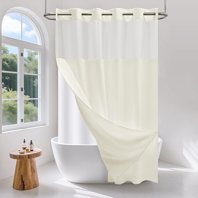 No Hook Waffle Weave Shower Curtain Set with Snap-in Fabric Liner and Mesh Top Window,256GSM Heavy Duty Fabric,Cream Washable Luxury Shower Curtain for Bathroom Stalls (72x75 Inch)
