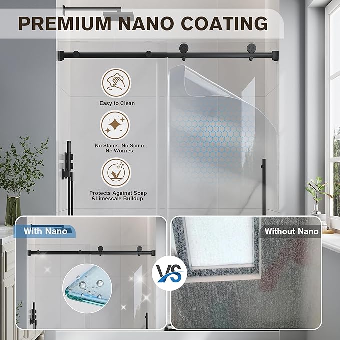 Frameless Glass Shower Door, 43-48" W x 76" H Sliding Frameless Shower Door, 1/4''(6mm) SGCC Tempered Glass, Explosion-Proof Film Nano Coating, Stainless Steel Hardware, Matte Black