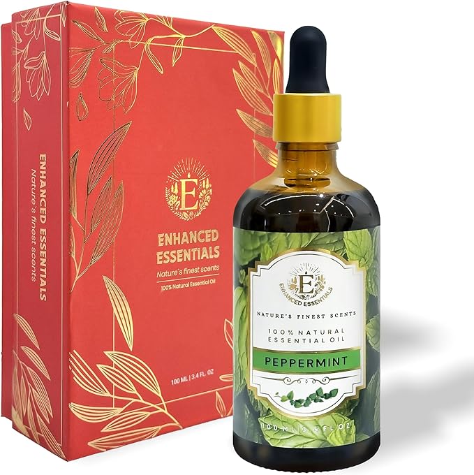 Luxurious Peppermint Essential Oil by Enhanced Essentials|Slow Distilled,Highly Concentrated & Pure Oils for Home,Diffusers,Skin & Hair Care,Aromatherapy|Ideal for Businesses|3.38 fl oz (100 ml)