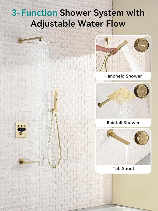 Lefton Shower System in Fahrenheit Display (Battery-free), 10” Overhead Shower Head with All-in-one Handheld Spray Showerhead and Bathtub Faucet, 4-in-1 Control System, SSWM2502 (Brushed Gold)