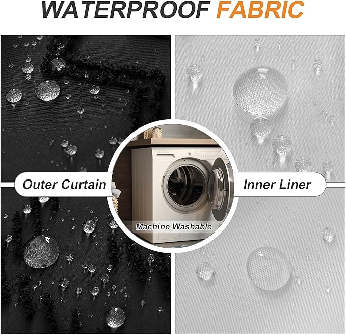 No Hooks Stall Shower Curtain with Snap in Liner- Water Repellent Tufted Chevron Striped Shower Curtains for Bath Tubs, Narrow Hotel Quality Bath Curtain Set, 36Wx74H, Black