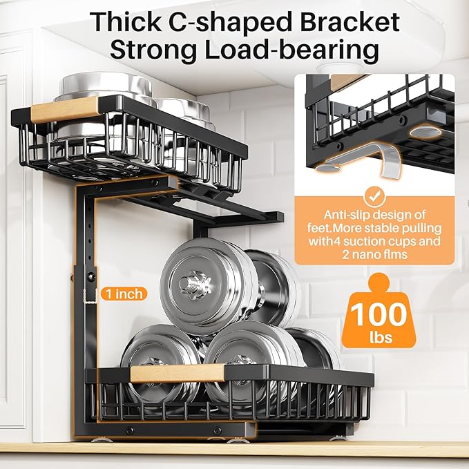 PXRACK 2 Pack Under Sink Organizer,Adjustable Height,2 Tier Pull Out Under Cabinet Organizer,Slide Out Thickened Metal Under Sink Storage for Kitchen Bathroom Laundry Cabinet Pantry,Black(S)