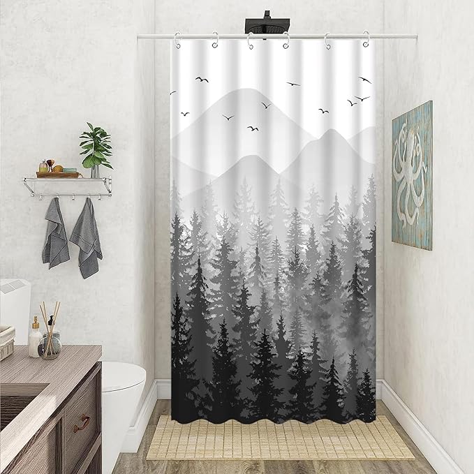 Aipon Black Misty Forest Shower Curtain Gray Ombre Nature Tree Plants Shower Curtains Fabric Waterproof Mountain Shower Curtain Sets for Bathroom Bath Decor (Black, 36'' × 72'')
