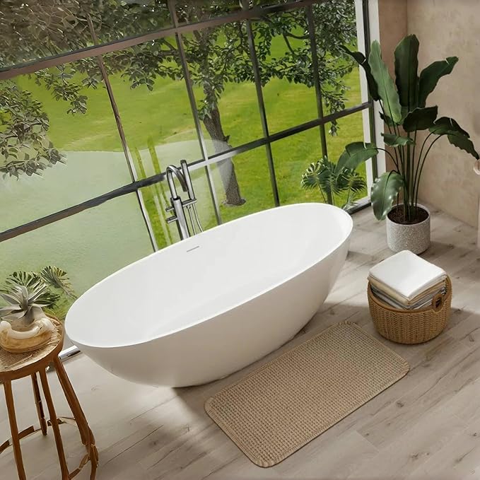Abruzzo 65" Glossy White Freestanding Solid Surface Bathtub, Luxury Handcrafted Stone Resin Freestanding Soaking Bathtub with Overflow and Pop-up Drain