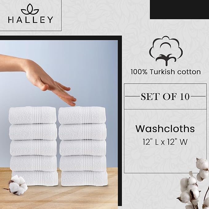 HALLEY Turkish Cotton Towels (Pack of 10) Washcloths Super Soft Highly Absorbent 100% Cotton Fingertip Towels for Bathroom and Kitchen for Mother’s Day (White)