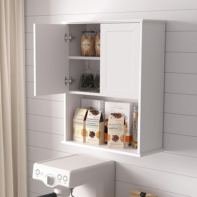 White Bathroom Wall Cabinet,Over The Toilet Storage Cabinet,Bathroom and Laundry Wall Mount Storage Medicine Cabinet with Open and Adjustable Shelf,Easy Assembly (Style A -1 PC, White)