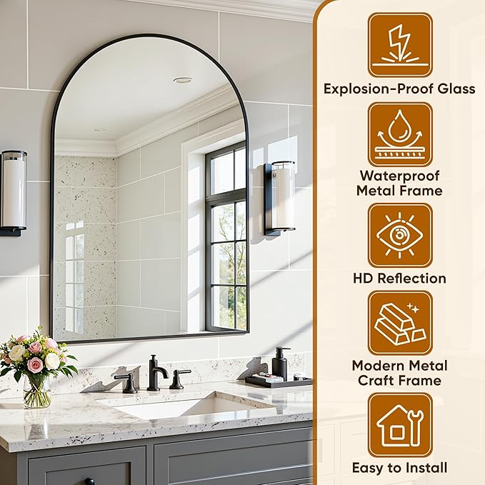 Arched Mirror 20"x30", Bathroom Mirror, Wall Mounted Vanity Mirror with Arch Metal Frame for Bathroom, Over Sink, Bedroom, Living Room, Flat Frame, Black
