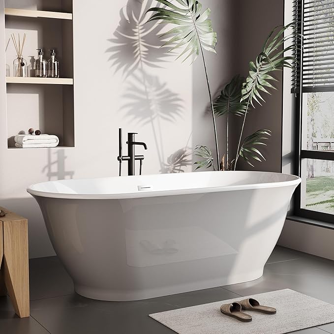 67 Inch Acrylic Freestanding Bathtub, Bathtub with Matte Drain and Overflow, Modern Square Tub, Deep Ergonomic Design, cUPC Certified, Double-Walled Insulation, Easy Install and Safe Use, Grey