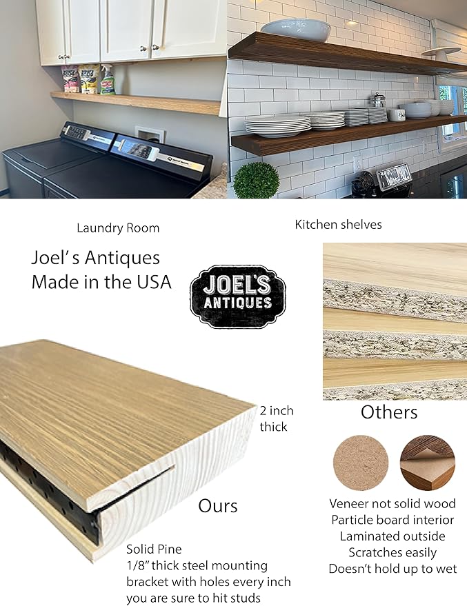 joelsantiques - 72 Inch Wooden Floating Shelves for Wall - 72x10x2 in - Made of Natural Wood - Long Heavy Duty Rustic Wall Shelves for Bedroom - Perfect for Living Room, Kitchen - Black