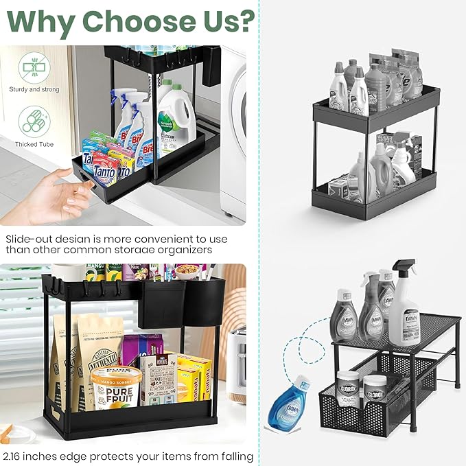 Compact 2-tier under-sink organizer with sliding drawer, 2 trays, and 5 hooks. Sturdy PP and iron design for kitchen, bathroom, or laundry room storage.