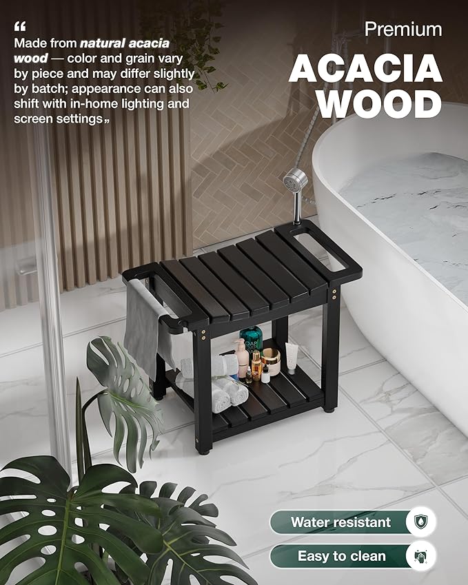 BLUEWEST Shower Bench Seat with Storage Shelf, Natural Wood Shower Benches for Inside Shower to Sit on, Waterproof Bathroom Spa Bench Stool for Legs Shaving with Built-in Handle & Shower Head Holder