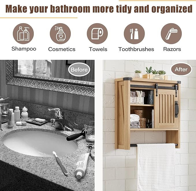 Bathroom Wall Cabinet, Farmhouse Medicine Cabinet with Sliding Barn Door & Adjustable Shelves, Wall Mounted Storage Cabinet for Toilet, Kitchen, Living Room (Natural Oak)