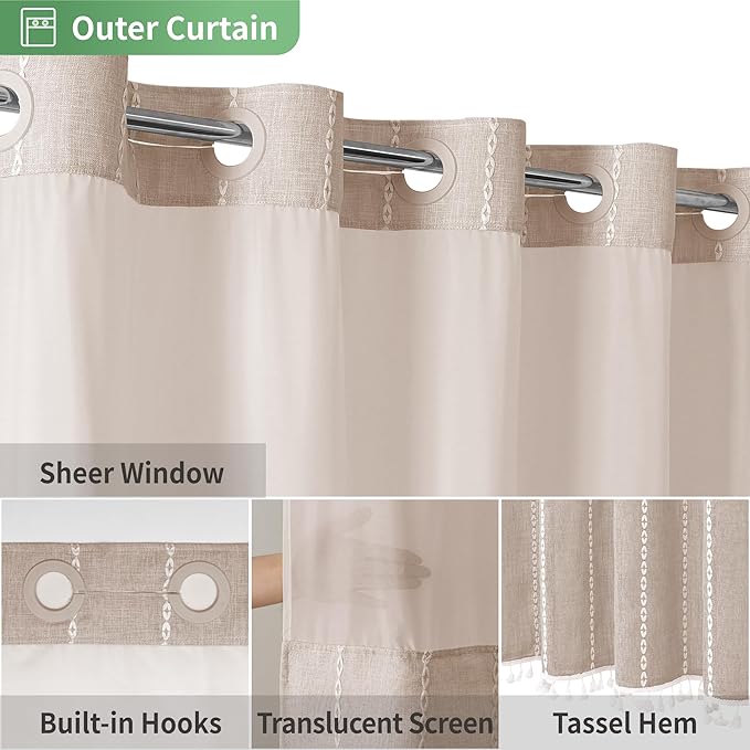 Boho Farmhouse No Hook Shower Curtain Set with Snap-in Fabric Liner,Heavy-Duty Linen Textured Rustic Striped Design,Water-Repellent with Tassels and Sheer Window,Tan/Taupe,71x74