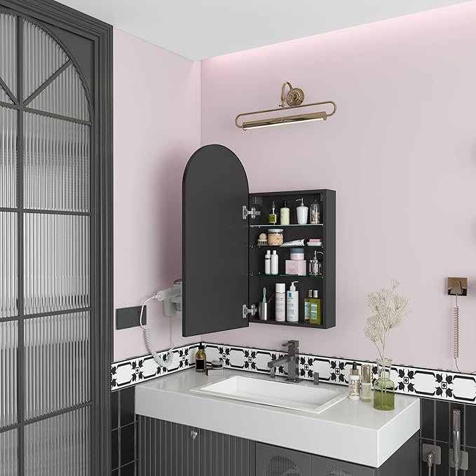 FKWin Arched Medicine Cabinet with Mirror,Bathroom Mirror with Storage,Aluminum Alloy Bathroom Cabinet,Modern Wall Mounted Medicine Cabinet with 3 Adjustable Shelves,Not Recessed, 29.5"x15.7",Black