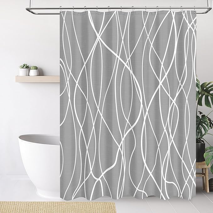 Tititex Morden 140gms Faux Linen Fabric Bath Shower Curtain Set Textured Fabric with Gray White Curve Pattern 72x72 Inch Water Resistant Bathroom Curtains, Weighted Hem & Hooks for Home/Hotel
