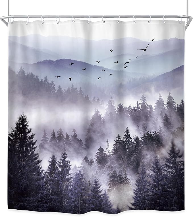 Riyidecor Purple Shower Curtain 72Wx96H Inch Extra Long Mountain Nature Woodland Scenery Park Scene View Foggy Pine Tree Alpine Cool Mens Bathroom Decor Fabric Polyester Waterproof 12 Pack Hooks