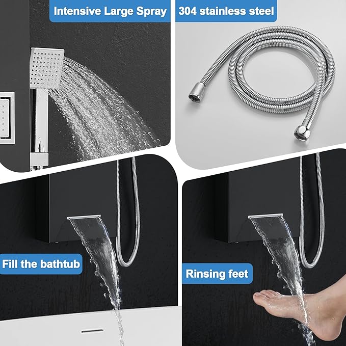 ROVOGO Shower Panel Tower System with Led Lights Rainfall Waterfall Shower Head, 2 Big Body Jets, Handheld and Tub Spout, Shower Column Stainless with Mixer Valve, Black