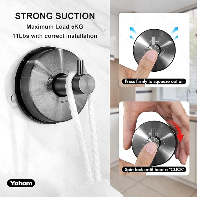 YOHOM Suction Cup Hooks - Black Stainless Steel Window and Shower Towel Hooks - Holds 2 Pcs