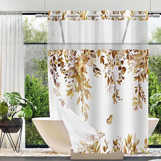 No Hook Shower Curtain and Liner Set, Yellow Eucalyptus Floral Shower Curtains for Bathroom, Bath Curtain Sets with Snap in Liner, Waterproof with See Through Top Window, 71x77 Inches
