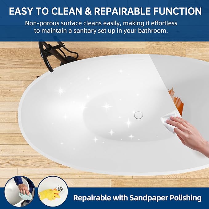 71'' Freestanding Solid Surface Resin Stone Bathtub, Freestanding Tub, Contemporary Design Stand Alone Tub with Pop-up Drain and Overflow, cUPC Certified, Matte White (Oval) AM3031800…