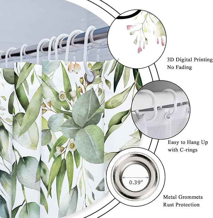 Riyidecor Sage Green Eucalyptus Leaves Shower Curtain for Bathroom Decor 72Wx72H Get Naked Bible Verse Spring Watercolor Floral Botanical Art Printed Fabric Polyester Waterproof 12 Pack Metal Hooks