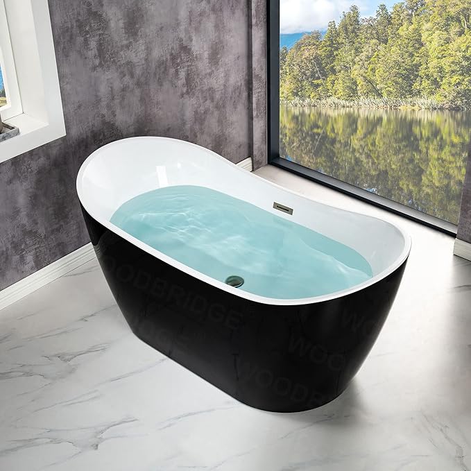 WOODBRIDGE 59" Acrylic Freestanding Bathtub Contemporary Soaking Tub, Black Acrylic(Brushed Nickel Drain/Overflow),BTA1816-BN