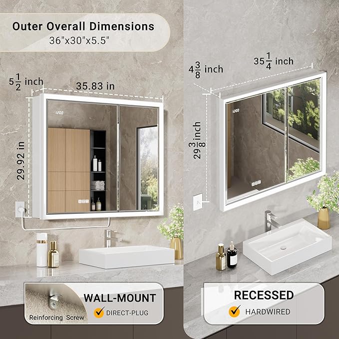 36x30 Beveled Lighted Medicine Cabinet with Mirror & Lights, Surface or Recessed Mirrored Medicine Cabinet with Outlet & Clock, Anti-Fog Dimmable LED Storage Cabinet, Built-in Sensor Light