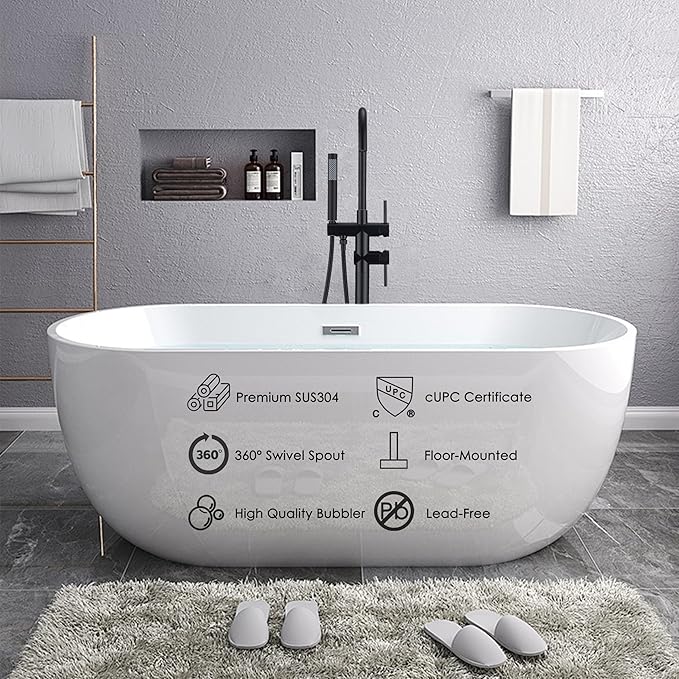 Freestanding Tub Faucet - Matte Black Floor Mounted, 360 Degree Swivel Gooseneck Filler with Hand Shower Mixer Tap. SE-3001-BK
