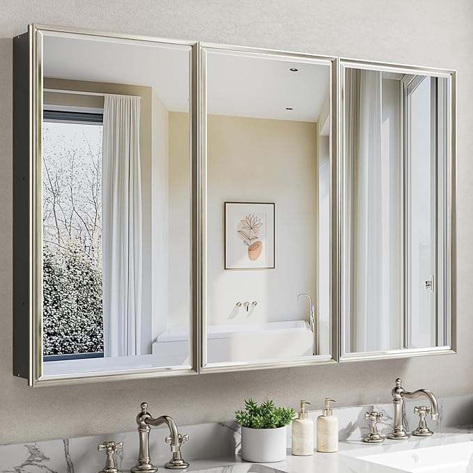 Pre-Assembled Surface or Recessed Medicine Cabinet Mirror-48x30 Brushed Nickel Bathroom Medicine Cabinet with Mirror & Rustproof Aluminum Frame, Beveled Bathroom Vanity Mirror with Storage