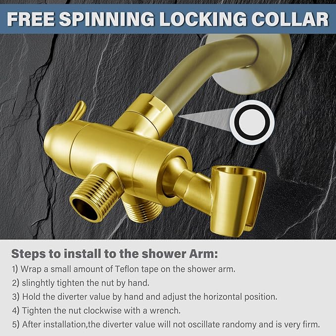 Metal Shower Arm Diverter with Handheld Mount, G1/2" 3-Way Shower Diverter Valve Bathroom Universal Showering System Replacement for Handheld Wand and Fixed Sprayer, Brushed Gold