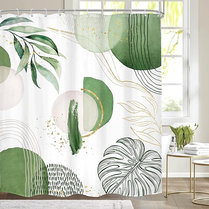 Green Boho Shower Curtain 72Wx72H Mid Century Modern Abstract Gold Olive Tropical Palm Leaves Plant Geometric Bathroom Decor Minimalist Bohemian Bath Curtain Fabric Polyester 12 Pack Hooks