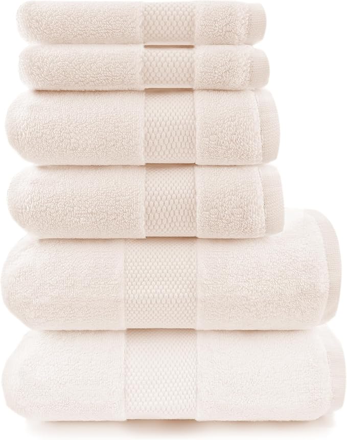 Maisonette Elegance 100% Organic Cotton Turkish Bathroom Towel Set, Soft & Absorbent, Ideal Quick Dry Luxury Hand, Large Bath Towels & Washcloths for Shower (6 Pack), Light Beige (Natural)
