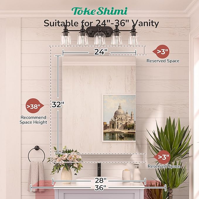 TokeShimi 24x32 Mirrored Medicine Cabinet Recessed or Wall Mount, Aluminum Tempered White Bathroom Medicine Cabinet with Mirror with Stepless Adjustable Storage Metal for Modern Farmhouse