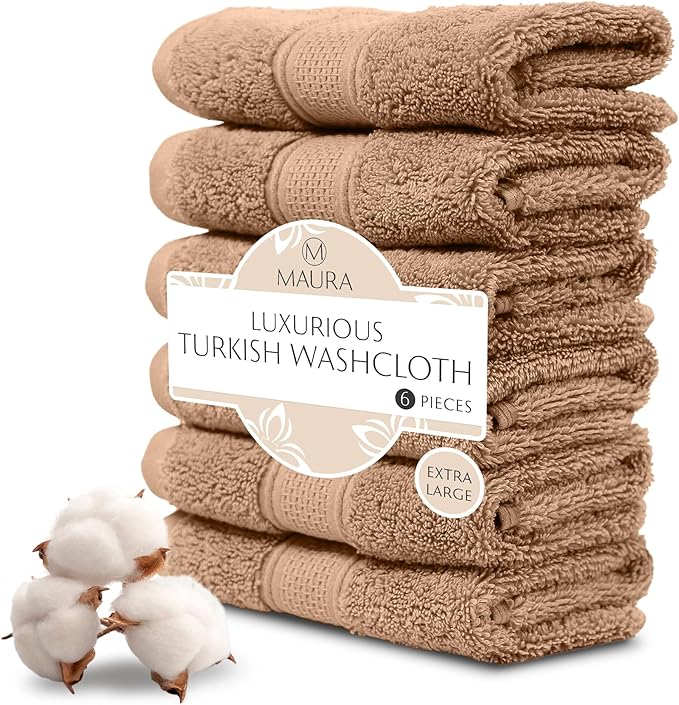 MAURA 6-Pack Premium Turkish Washcloth Set - Ultimate Luxury with Soft, Thick, Super Absorbent, and Oversized Cotton Face Towels - Ideal for a Hotel & Spa Quality Experience in Classic Brown Elegance