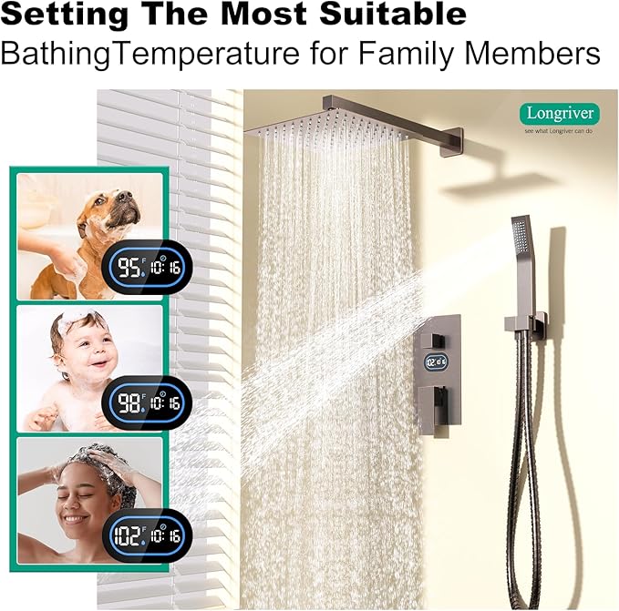 Longriver Shower Faucet Set with Hydro Power Temperature Display, Shower System 10 Inch Shower Head with Handheld Spray, Wall Mounted Shower Fixtures with Shower Valve and Trim Kit, Oil Rubbed Bronze