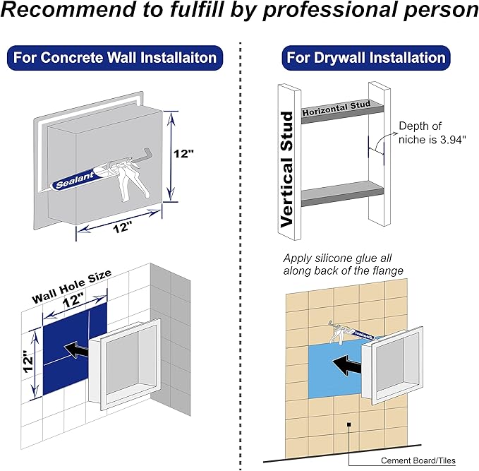 Stainless Steel Shower Niche 12" X 12" Brushed No Tile Needed Niche Shower Recessed Wall Niches for Bathroom Storage Over Mount Installation