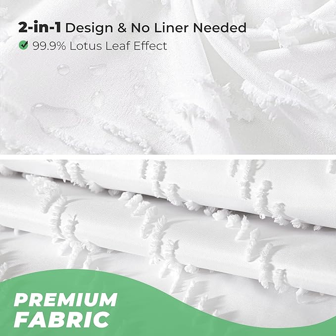 White Boho Fabric Shower Curtain 60 x 72 Modern Shabby Chic Textured Tufted Chevron Striped Minimalist Cloth Bathroom Shower Curtain