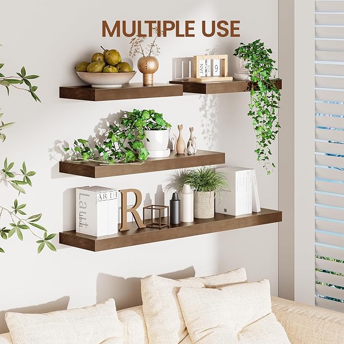 Heimlove 36 inch Floating Shelves for Wall,2 Packs Natural Pine Solid Wood Floating Shelves, 8 inches Deep Wooden Shelves for Kitchen Bedroom Office & Living Room Display Wall Decor