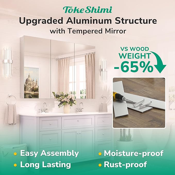 TokeShimi 14x18 Recessed Medicine Cabinet with Mirror Aluminum, Frameless Bathroom Mirror with Storage Stepless Adjustable, Silver Surface Mount Medicine Cabinet for Bathroom Farmhouse