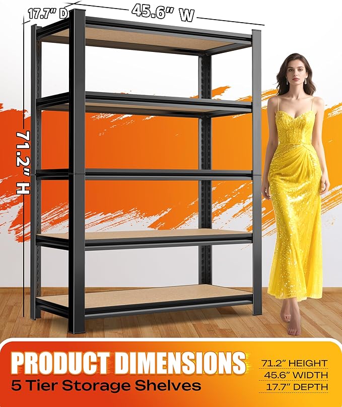 AOAORRG Set of 3 Storage Shelves, 45.6" W Garage Shelving, Heavy Duty Metal Shelving, Home Storage Shelf, Adjustable 5-Tier Shelving Unit, for Basement Warehouse, 45.6" Wx17.7 Dx71.2 H, Black