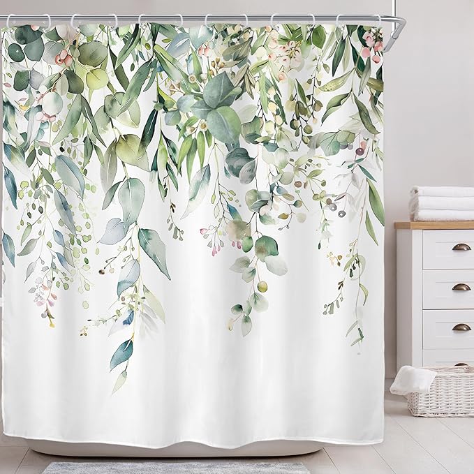 Riyidecor Green Eucalyptus Leaves Shower Curtain for Bathroom Decor 72Wx78H Plants Watercolor Floral Rustic Botanical Spring Nature Farm Art Printed Fabric Polyester Waterproof 12 Pack Plastic