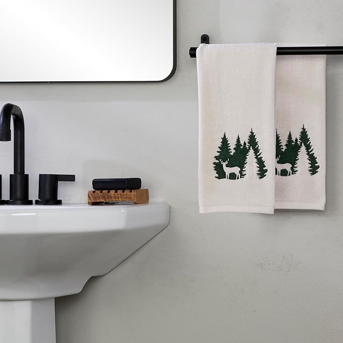 SKL Home Christmas/Winter Deer Spruce 100% Cotton Embroidered 2pc Hand Towel Set, Decorative for Bath/Kitchen/Bar, Natural