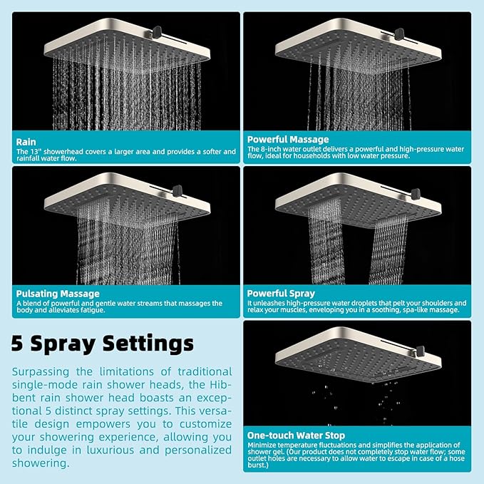 Hibbent Rain Filtered Shower Head, 13'' High Pressure Rainfall 5 Modes Showerhead with 16" Shower Head Extension Arm, Solid Brass Adjustable Shower Arm Extender, 20 Stage Shower Filter, Brushed Nickel