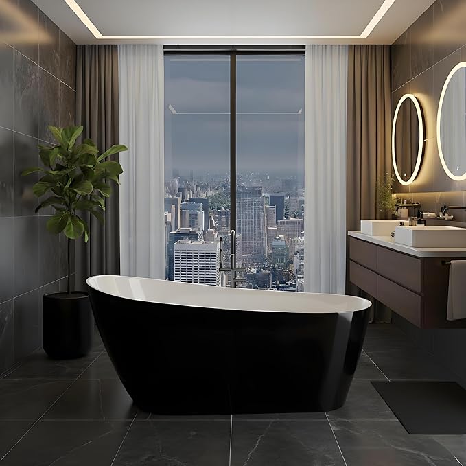 Freestanding Bathtubs 67 inch Acrylic Stand Alone Tub – Black Exterior White Interior, Chrome Drain, Deep Ergonomic Oval Soaking Tub, Modern Freestanding Tub for Bathroom, Family Use