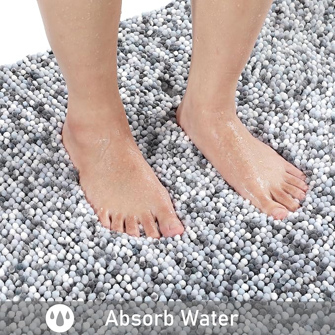 Yimobra Luxury Chenille U-Shaped Toilet Rug, Super Soft Shaggy Contour Bath Mat for Bathroom Floor, Fluffy, Water Absorbent, Non Slip, Machine Washable, Dry Quickly, 24''x 20'', Light Grey & Dark Grey