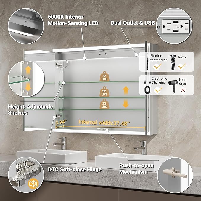 40x30 Beveled Lighted Medicine Cabinet with Mirror & Lights, Surface or Recessed Mirrored Medicine Cabinet with Outlet & Clock, Anti-Fog Dimmable LED Storage Cabinet, Built-in Sensor Light