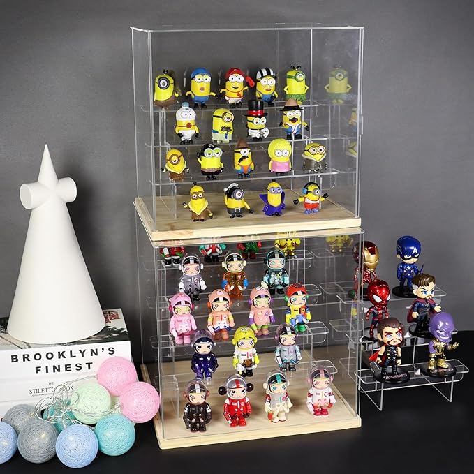 Choowin 5 Tier Clear Acrylic Display Case for Collectibles, Mini Figures, Pop Mart, Labubu, Sonny Angel, Smiski - Assemble Dustproof Acrylic Display Box with Door, Stand (Wood Base, Clear Step)