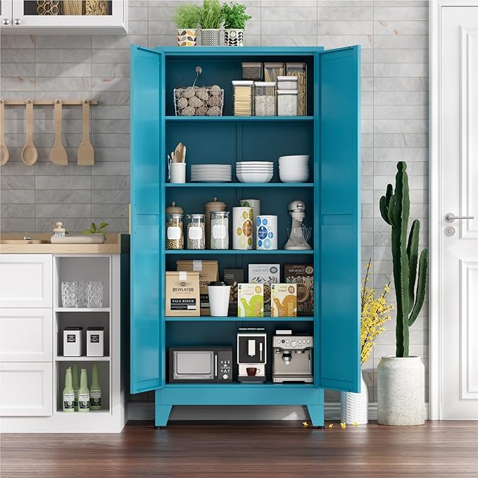 71" Metal Storage Cabinet - 5-Tier Heavy-Duty Pantry Cabinet with Adjustable Shelves & Barn Doors for Kitchen Garage,Blue