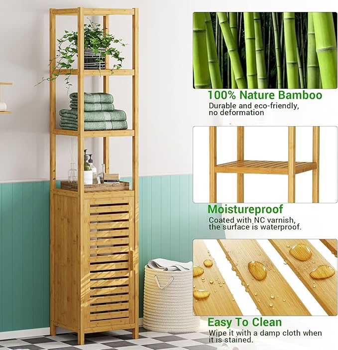 VIAGDO Storage Tall Slim Cabinet with Shutter Door and 3 Tier Shelves, Freestanding Linen Tower Cabinet for Living Room, Kitchen, Bathroom Organizer, Natural Bamboo